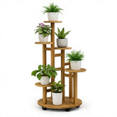 Plantenrek 6 Etages met Wielen – Houten Bloemenstandaard voor 7 Planten – Verrijdbaar & Ruimtebesparend