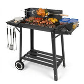 Barbecue Houtskool met Draaispit - Smoker BBQ met Warmhoudrek - Verstelbaar Kolenrooster - 49x29 cm Grilloppervlak - Zijplanken - Zwart